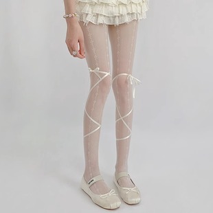 甜美洛丽塔奶白色连裤 打底袜防勾丝 袜蕾丝提花芭蕾风黑丝袜女薄款
