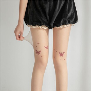 春秋新款 蝴蝶丝袜防勾丝 y2k黑丝肤色辣妹纹身刺青印花白丝超薄款