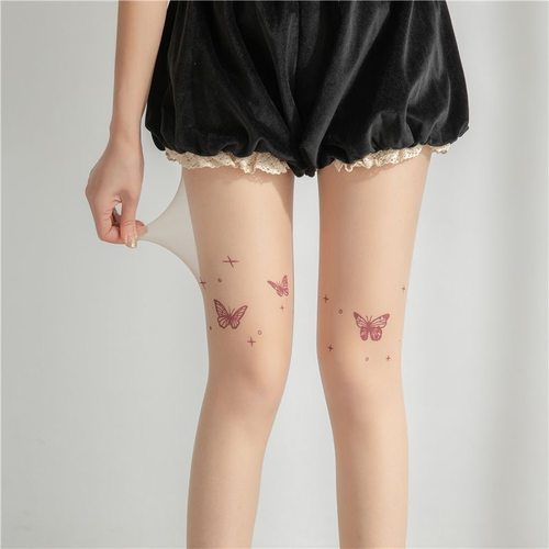 春秋新款y2k黑丝肤色辣妹纹身刺青印花白丝超薄款蝴蝶丝袜防勾丝