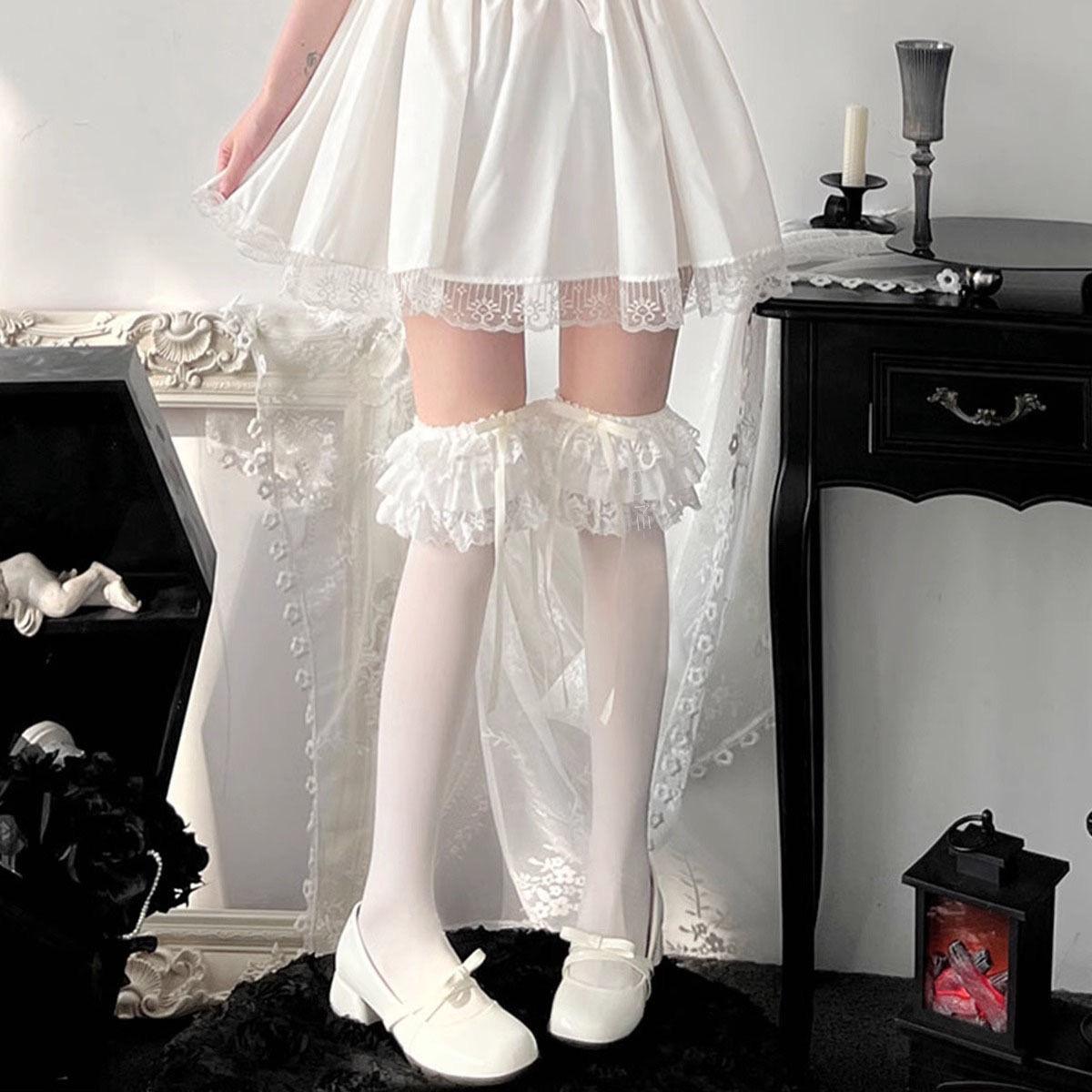 Lolita蝴蝶结过膝女蕾丝绑带高筒白色纯欲洛丽塔袜子长筒小腿美腿
