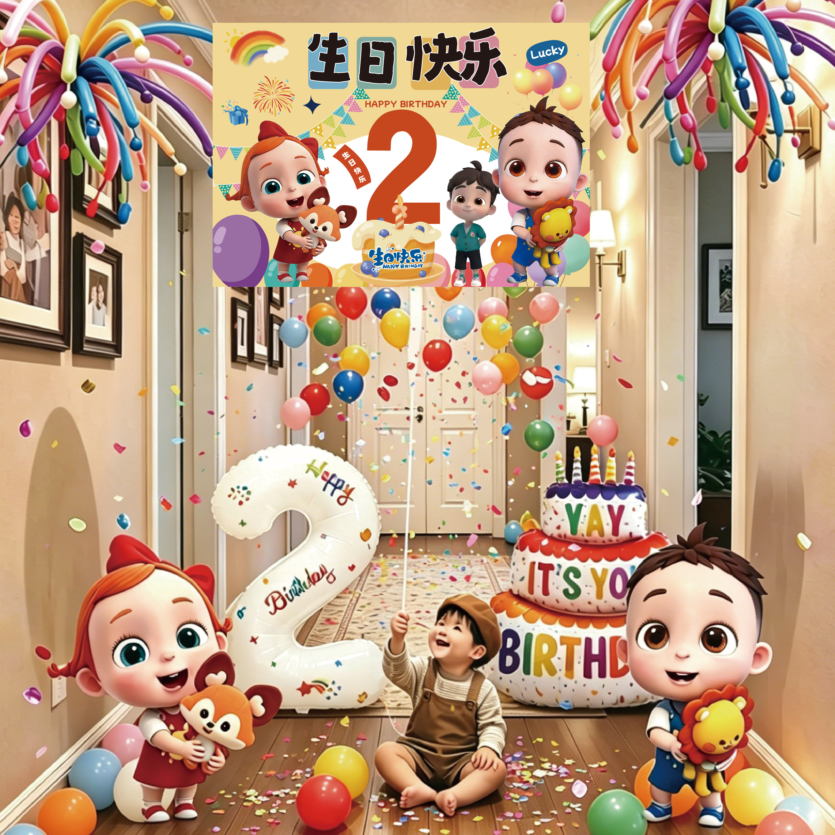 依娜和恰恰主题宝贝jojo2岁男童生日布置气球雨拉绳场景装饰kt板3