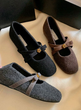 2025年冬季加绒毛呢玛丽珍鞋女内增高毛毛鞋通勤单鞋法式晚晚鞋子