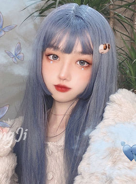 公主切假发女长直发姬发式日系网红女主播蓝灰色长发lolita全头套