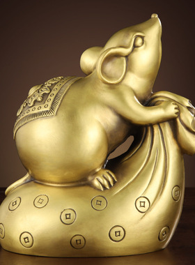 铜老鼠摆件吉祥物五鼠运财纯黄铜生肖鼠客厅家居办公室装饰工艺品