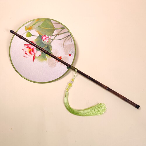 梅竹双雀图复古腰扇可旋转折叠卷曲宋锦包边紫竹长柄定制舞蹈团i.