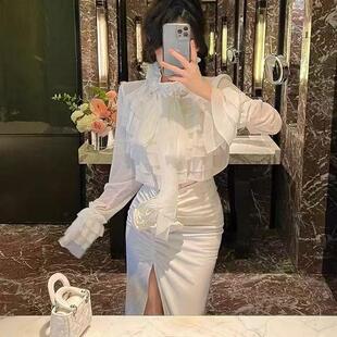 2026新款复古法式名媛修身显瘦系带蝴蝶结长袖蛋糕花边雪纺衬衫