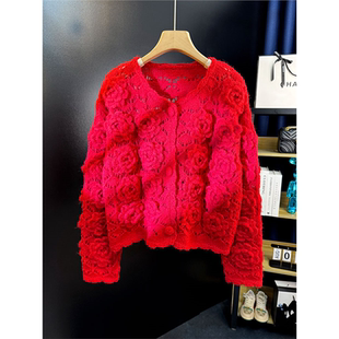 红色毛衣手钩镂空立体玫瑰花朵羊毛针织开衫女V领春秋外搭