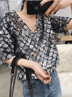 2025新款银色亮片bilingbiling约会party套头短袖V领上衣重工定制