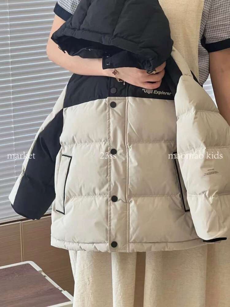 现货,波拉波拉韩国童装上新连帽拼色羽绒服男女童宽松oversize