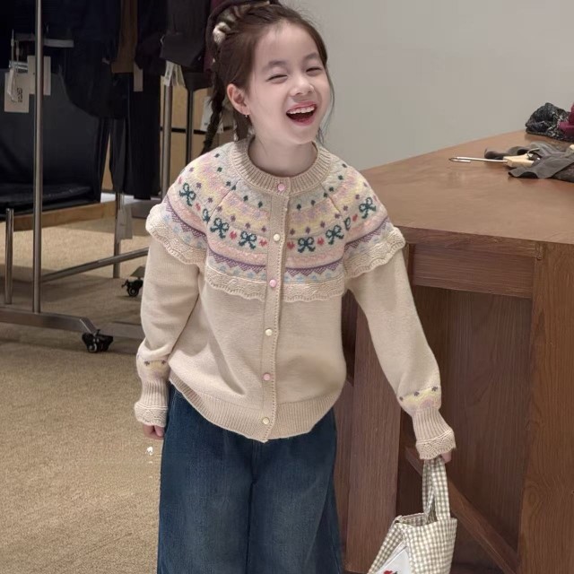 波拉韩国童装2025秋季甜美女童彩色圆点蝴蝶结提花外套边镂空毛衣