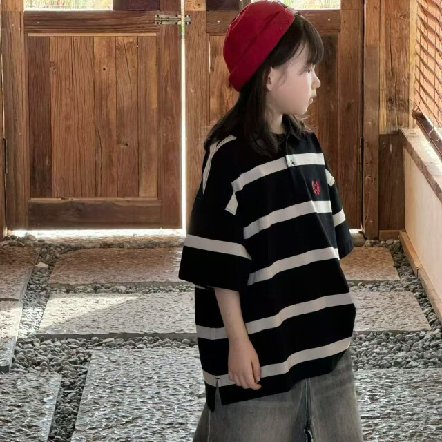 波拉韩国童装2026夏季男童小标阔版T恤女童oversize条纹polo短袖图片