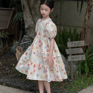 彩色花朵花边连衣裙 波拉韩国童装 2025夏季 女童甜美风法式 泡泡短袖