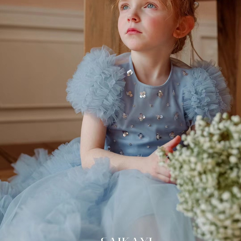 波拉韩国童装2024夏装高级礼服裙后背珍珠连衣裙蓬蓬公主裙生日