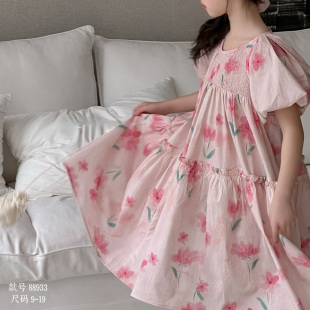 波拉韩国童装 连衣裙 2025夏季 清新甜美褶皱感纱裙温柔风花朵法式
