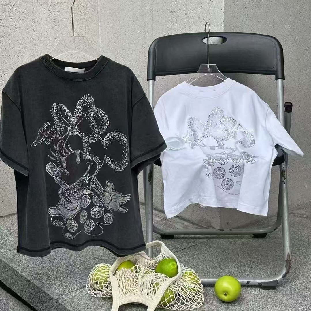 现货波拉韩国童装2025夏女童百搭短袖潮男童卡通烫钻米奇印花T恤图片
