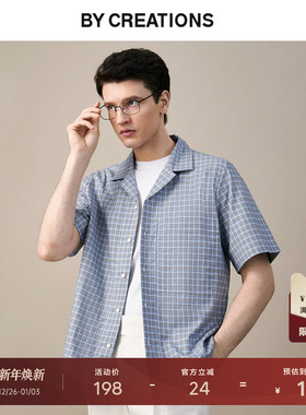 柏品testa羊毛古巴领休闲短袖衬衫男复古色织格纹落肩商务棉衬衣