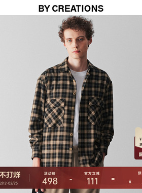 柏品磨毛格纹长袖衬衫男2025冬新复古撞色绒感保暖衬衣外套
