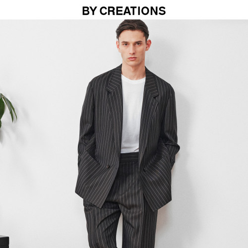 柏品羊毛铅笔纹宽松直筒西服套装