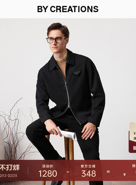 柏品纯羊毛针织翻领夹克男复古百搭商务休闲保暖加厚短款外套上衣