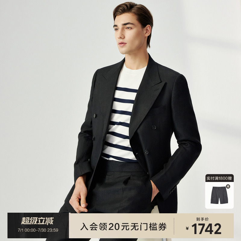 柏品纯亚麻戗驳领双排扣商务西服套装男春夏透气凉爽正装职业西装