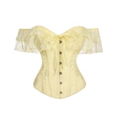 欧美宫廷蕾丝短袖 束身衣柠檬黄缎面提花鱼骨胸衣复古礼服外穿束腰