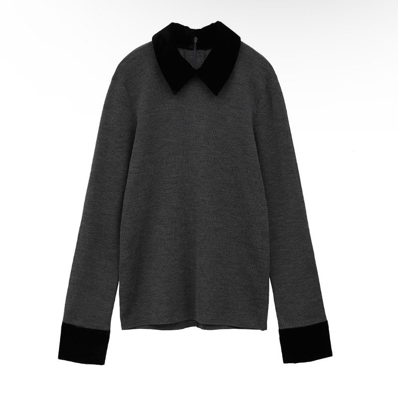 【拍下不退】国内现货CLANE25秋冬新款拼接丝绒翻领针织衫