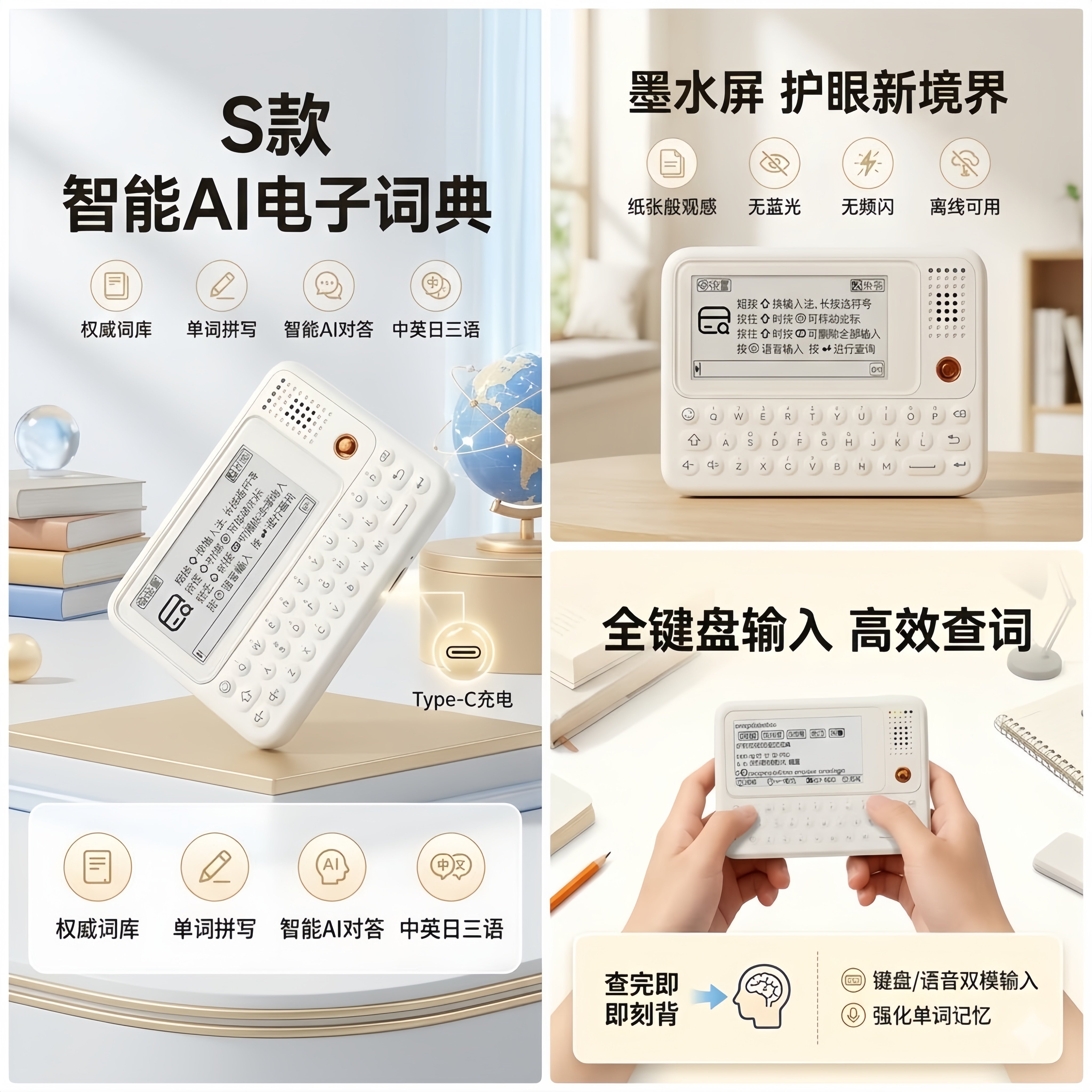 【墨水屏单词机】快易典单词机AI电子词典C1S查词翻译汉语英语日语口袋学习神器小初高考词汇英语学习机