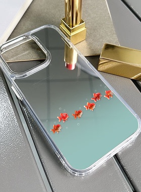 适用13简约12红色小金鱼11女生XR夏天XS蓝色渐变小清新化妆镜面IP15PM保护套iPhone16promax手机壳苹果14plus