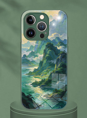 适用OPPOK12S油画千里江山只此青绿VIVOX200国风山川河流iphone17Pro手机壳苹果16e华为nova15ultra荣耀Power