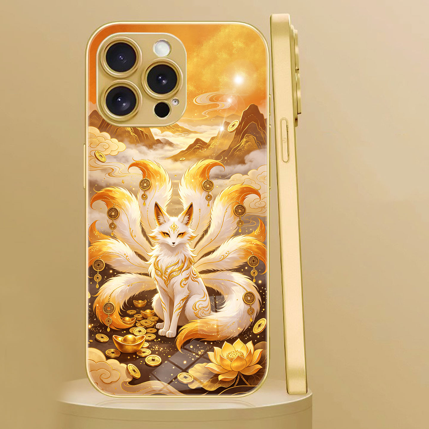 金色九尾狐国风铜钱OPPOA7Promax招财进宝福气满满适用iphone17air手机壳苹果15一加Turbo6X华为