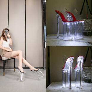 超稳细跟婚纱发光夜场女鞋 水晶鞋 透明防水台26cm恨天高超高跟拖鞋