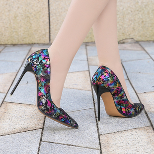 新款11厘米细跟尖头浅口性感时尚礼服鞋大码婚宴超高跟鞋套脚单鞋