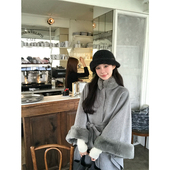 VASSE美蟹 日系千金獭兔毛立领全羊毛双面斗篷女秋宽松毛呢外套