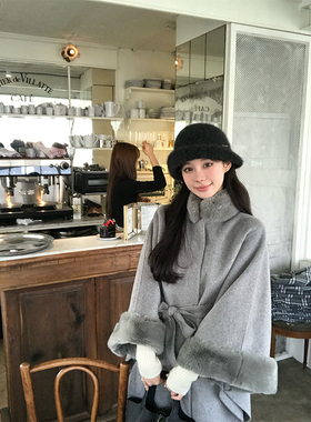 VASSE美蟹 日系千金獭兔毛立领全羊毛双面斗篷女秋宽松毛呢外套