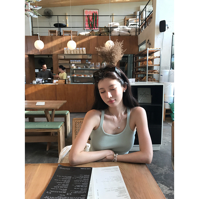 VASSE美蟹清冷韩系U领天丝亚麻薄荷蓝绿调色吊带女夏软糯弹力背心