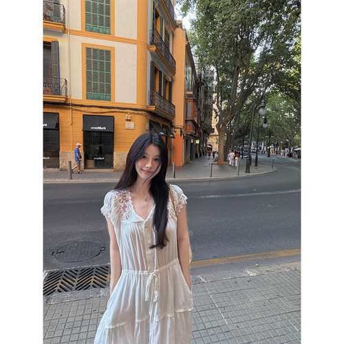 VASSE美蟹 法式蕾丝棉混纺拼接方领连衣裙女慵懒唯美肌理抽绳长裙