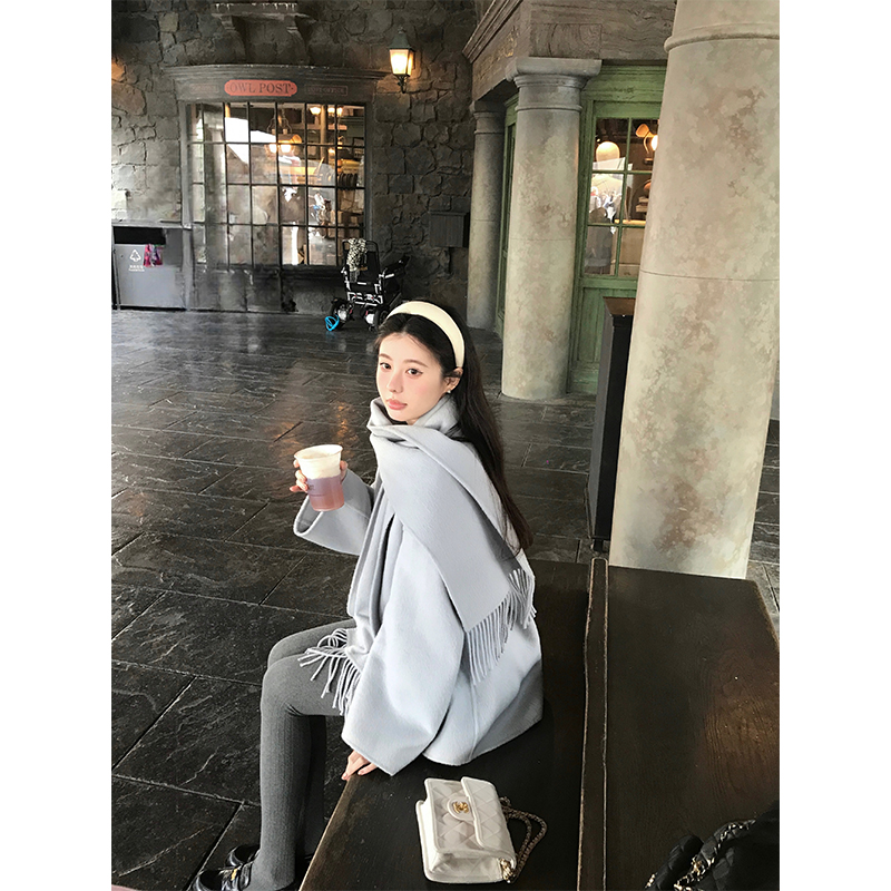 VASSE美蟹 气质围巾圆领纯色双面羊毛大衣女秋宽松长袖毛呢外套