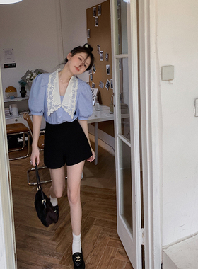 VASSE美蟹黑色高腰A字西装阔腿短裤子女新款小个子薄款显瘦休闲裤