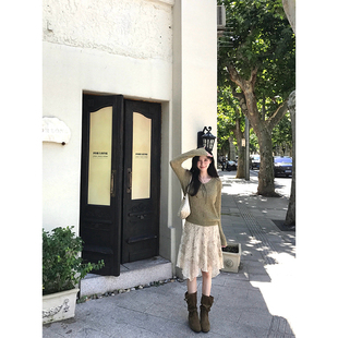 VASSE美蟹 复古不规则印花高腰半身裙女秋温柔韩系显瘦荷叶边裙子