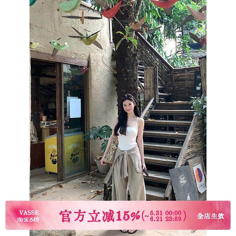 VASSE美蟹 通勤百搭天丝棉中腰长裤女夏宽松挺括松弛阔腿拉链裤子
