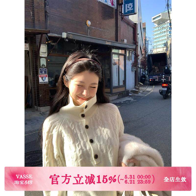 VASSE美蟹 老钱风宽松立领绵羊毛毛衣女秋保暖慵懒经典针织上衣