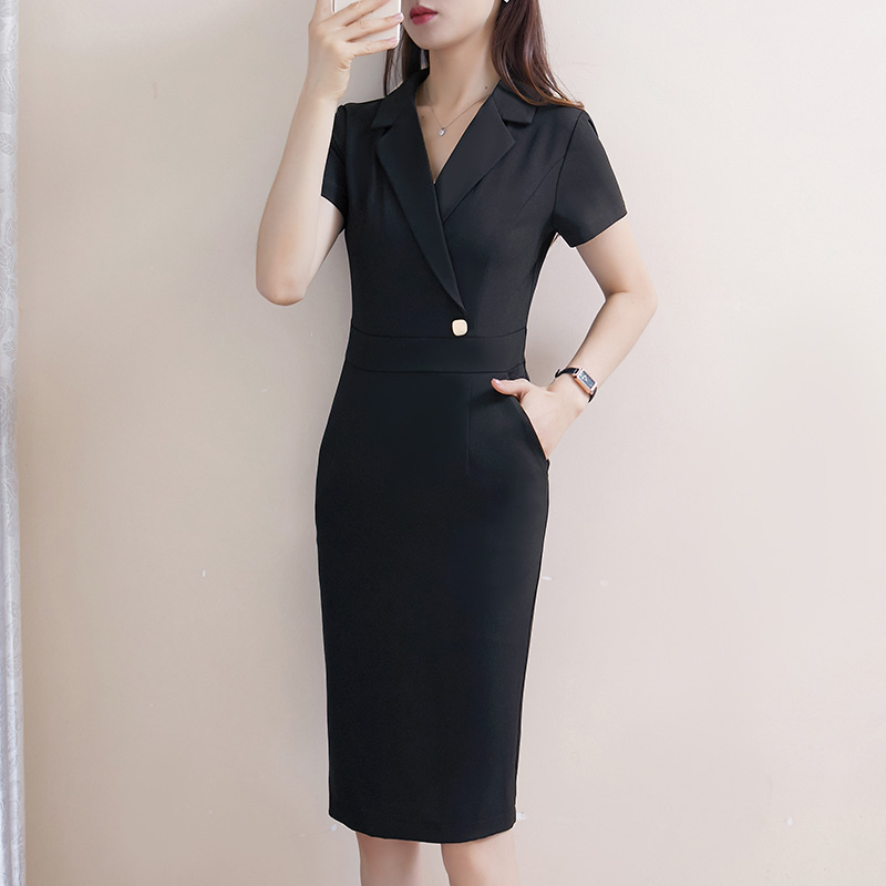 大码胖mm西装裙女新款职业夏季短袖工作服气质修身显瘦工装连衣裙