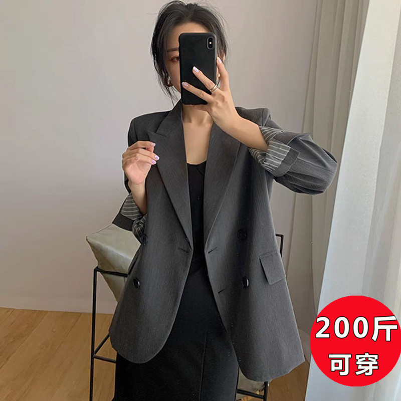 春秋灰色条纹修身减龄女西装外套