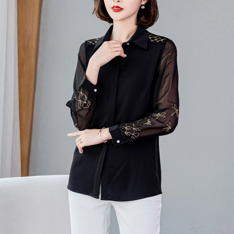 大码气质刺绣衬衫女长袖职业衬衣