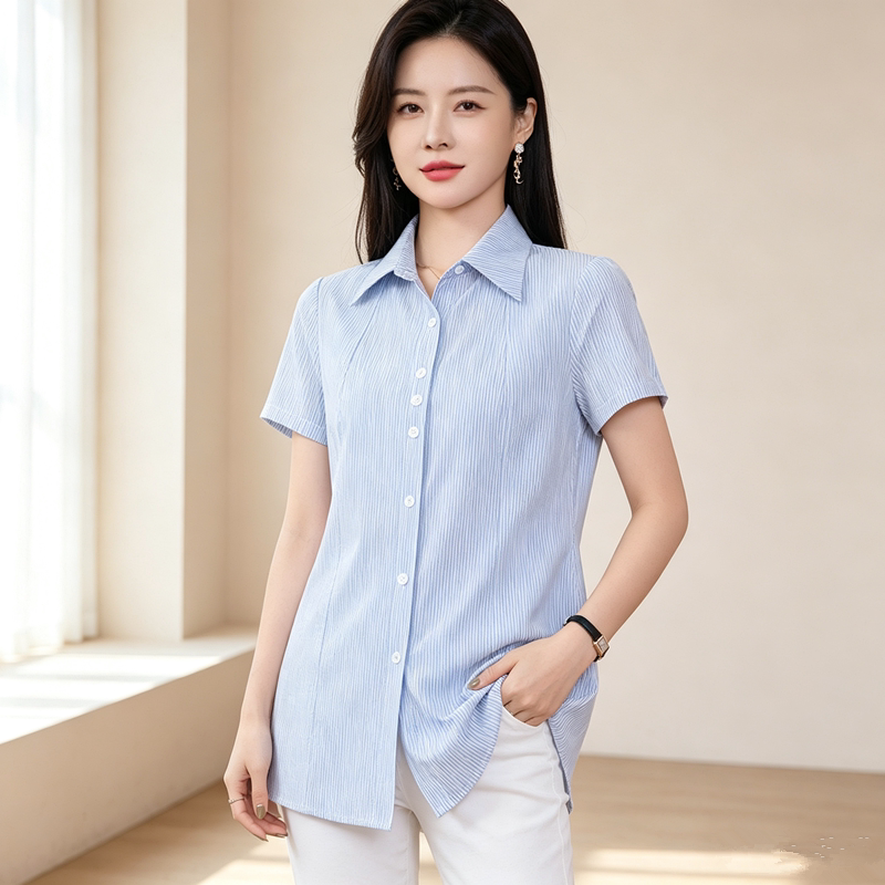 新款女蓝色条纹衬衫翻领职业装