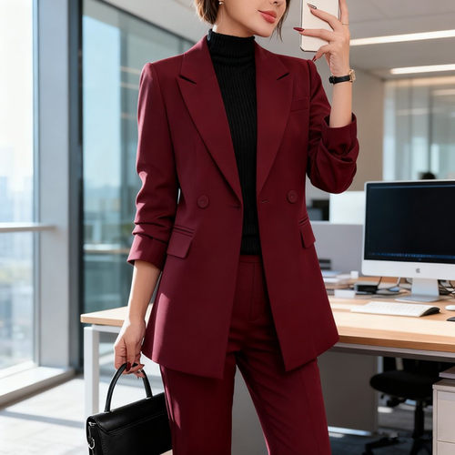 酒红色西装套装女大码胖mm春秋