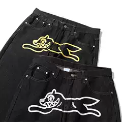 European and American Retro Hip-Hop High Street Fashion Brand ins Casual Five-Point Shorts Bbc Flying Dog Print Loose Trendy Denim Shorts