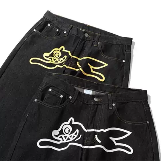 European and American Retro Hip-Hop High Street Fashion Brand ins Casual Five-Point Shorts Bbc Flying Dog Print Loose Trendy Denim Shorts