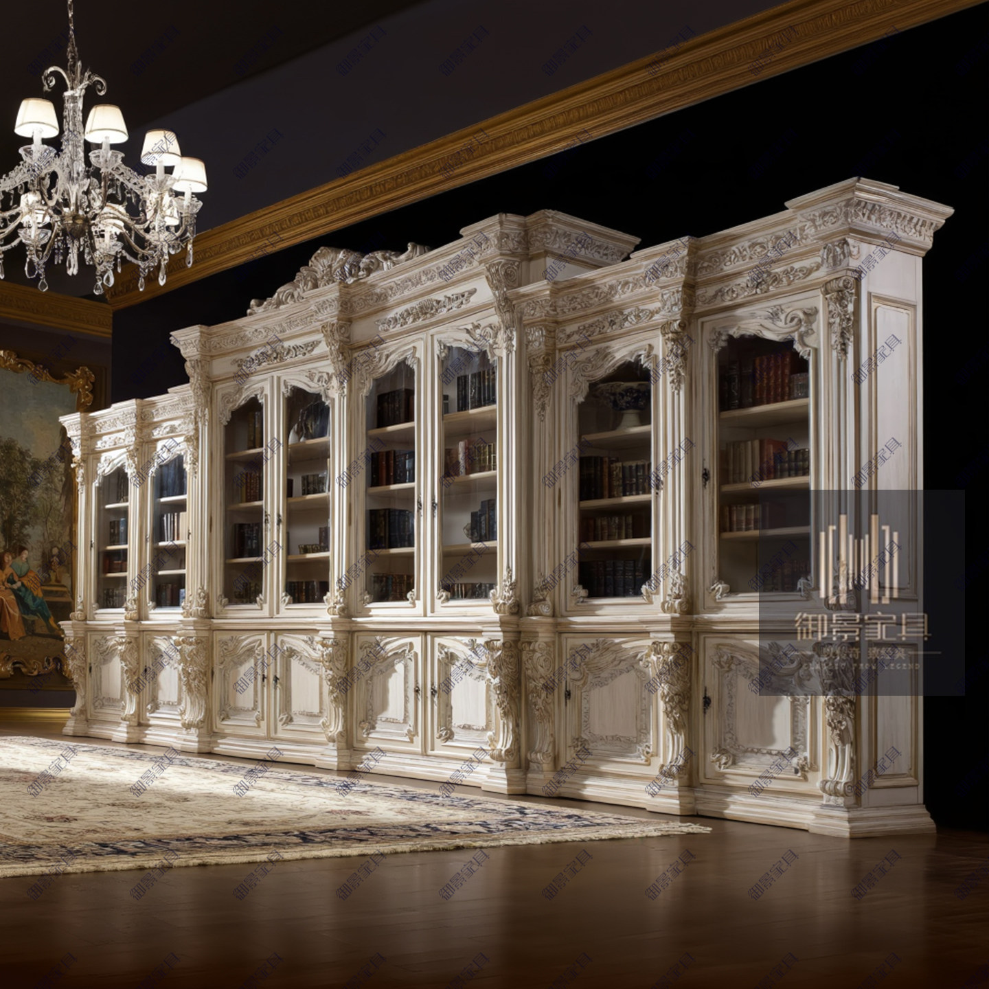 法式巴洛克书柜组合欧式仿古白做旧书架储物收纳柜客厅靠墙柜子