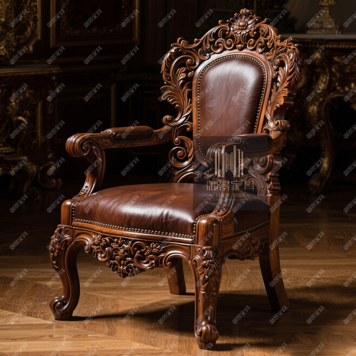 欧式餐椅实木双面雕花椅子整装椅真皮椅子咖啡扶手椅书椅休闲椅